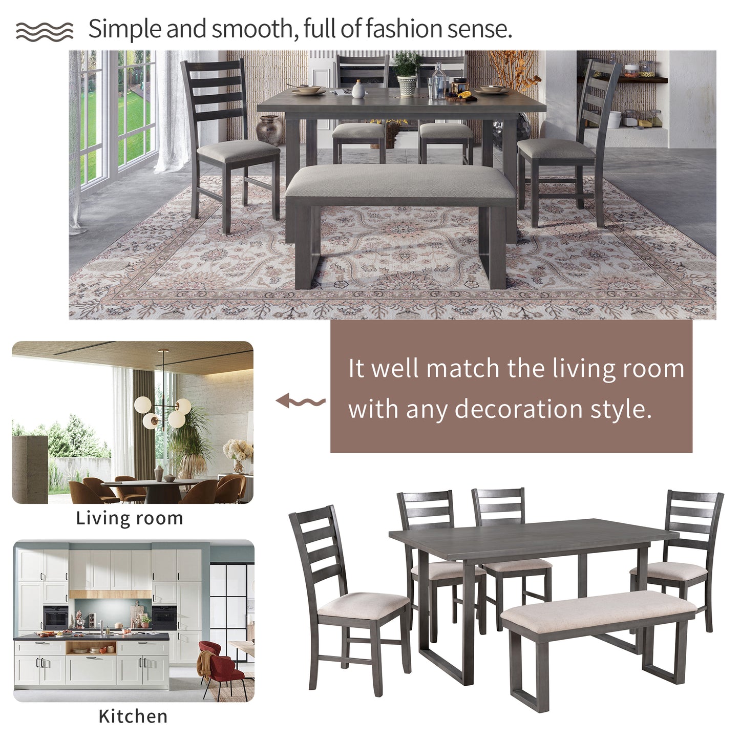 Modern Gray Solid Wood 6-Piece Dining Set