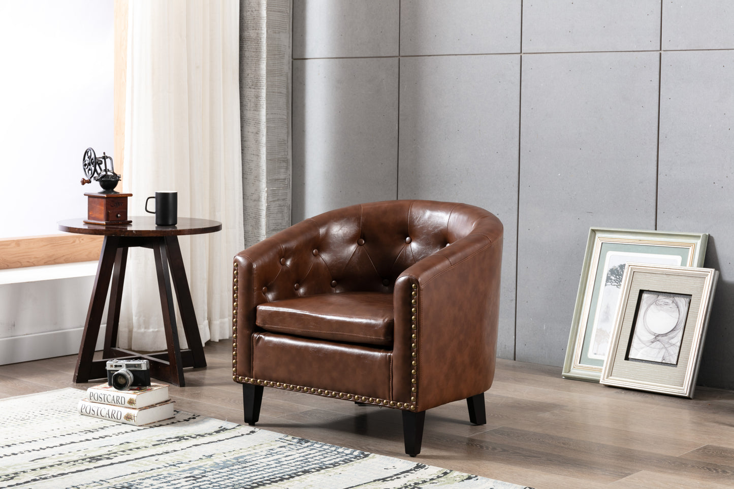 Chesterfield-Style PU Leather Tufted Barrel Chair