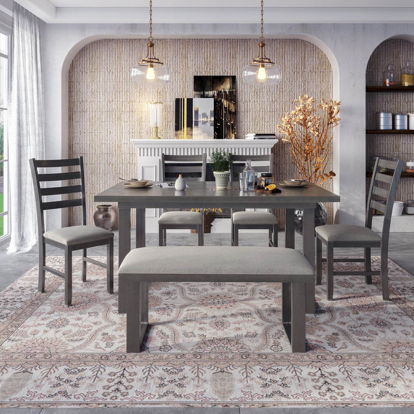 Modern Gray Solid Wood 6-Piece Dining Set