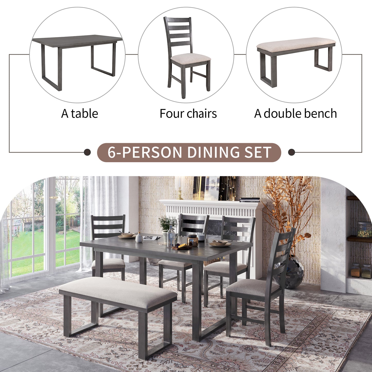 Modern Gray Solid Wood 6-Piece Dining Set