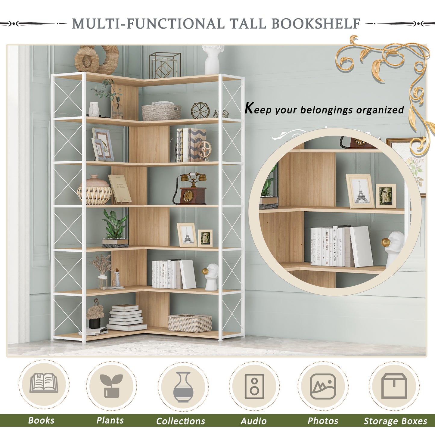 7-Tier L-Shaped Corner Bookcase