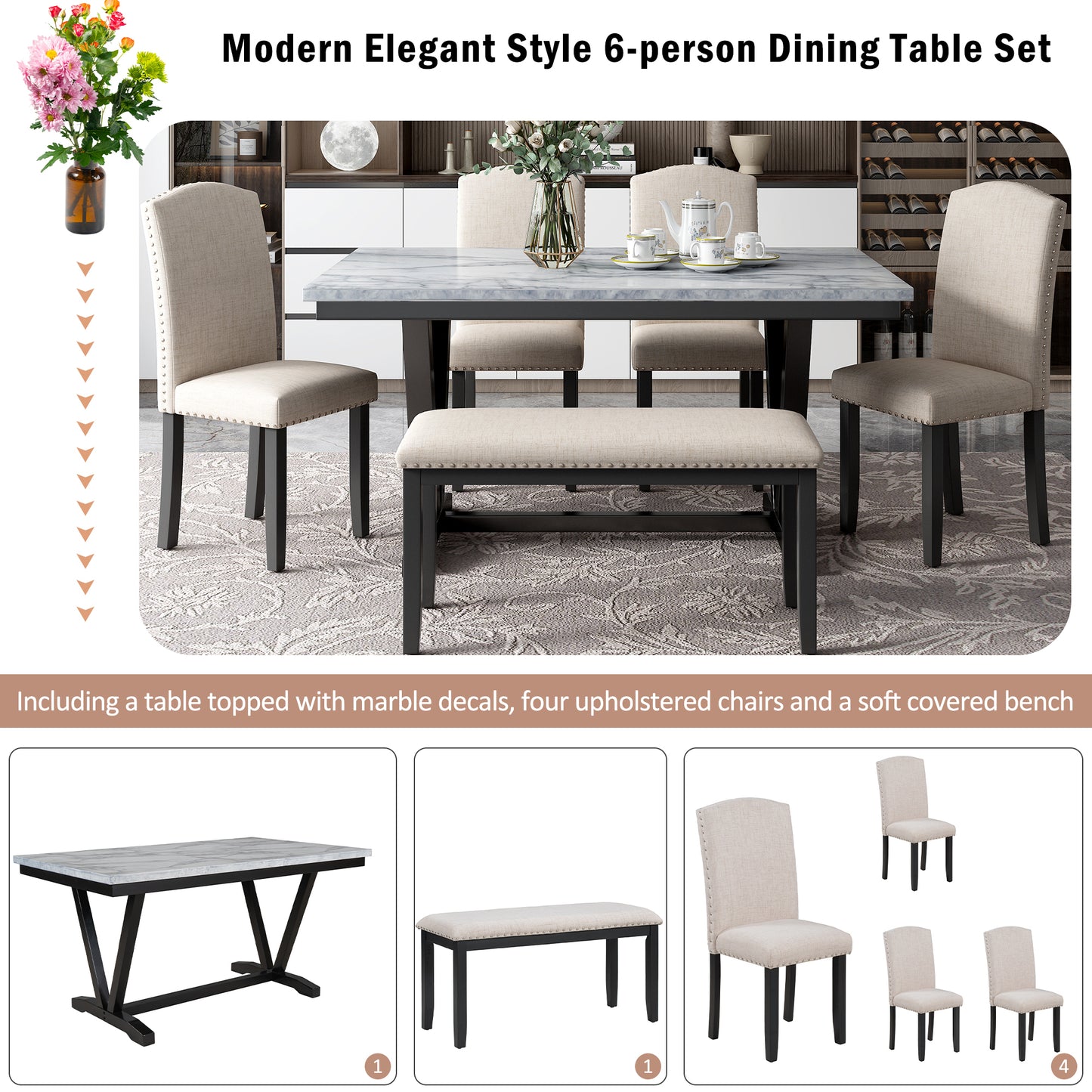 Modern Style Marbled Veneer Dining Set