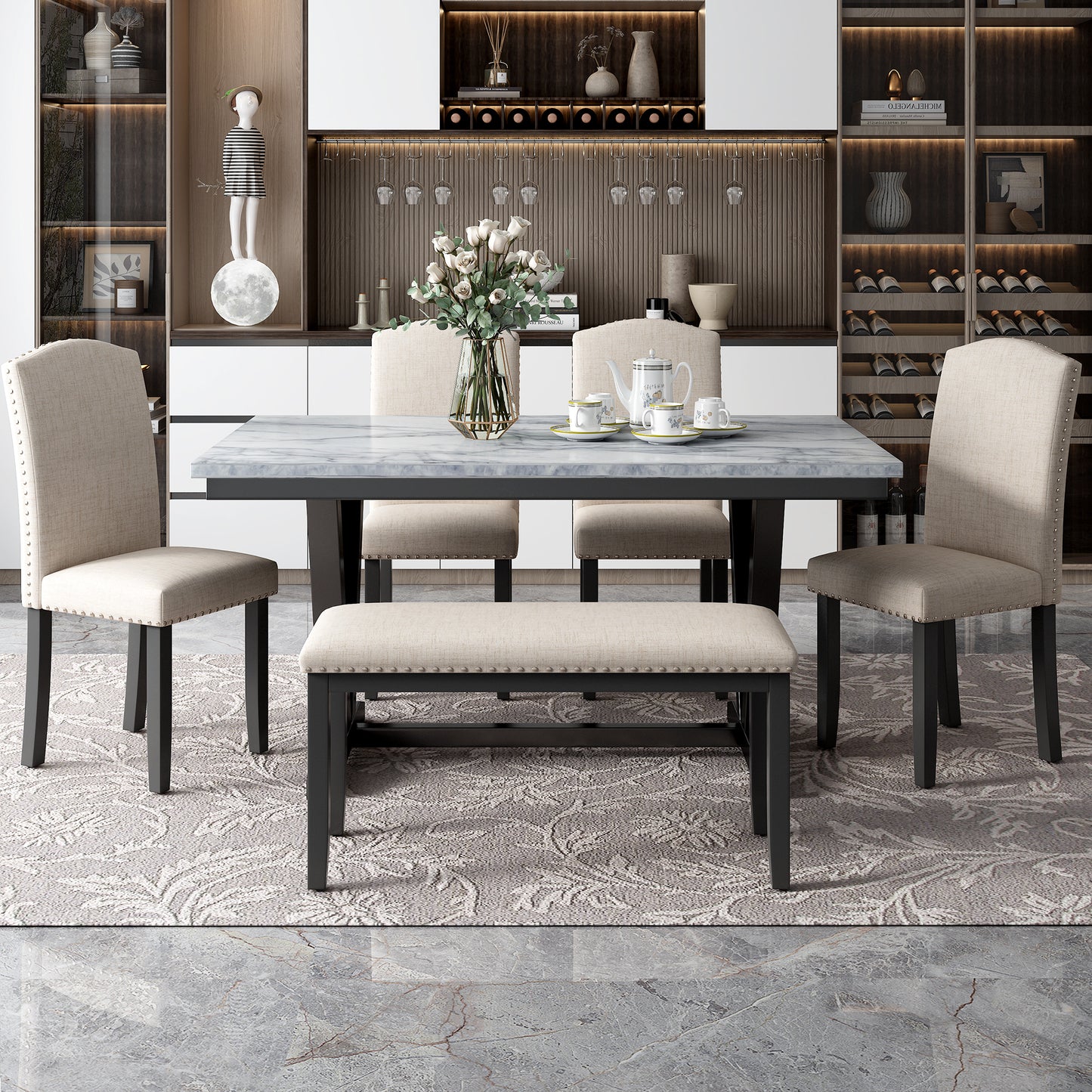 Modern Style Marbled Veneer Dining Set