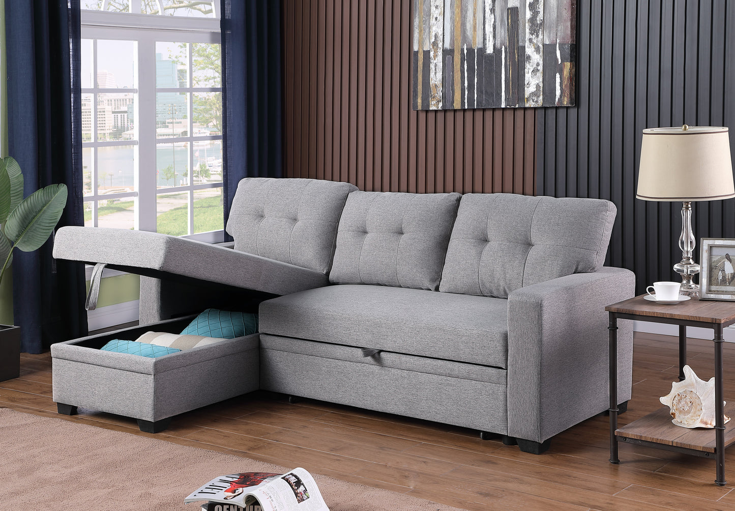 Upholstered Pull-Out Sectional Sofa with Chaise