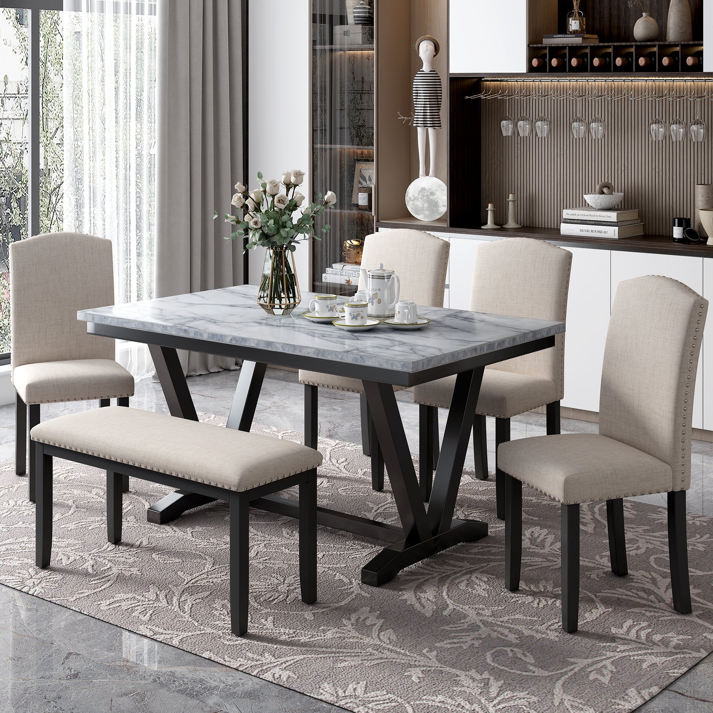 Modern Style Marbled Veneer Dining Set