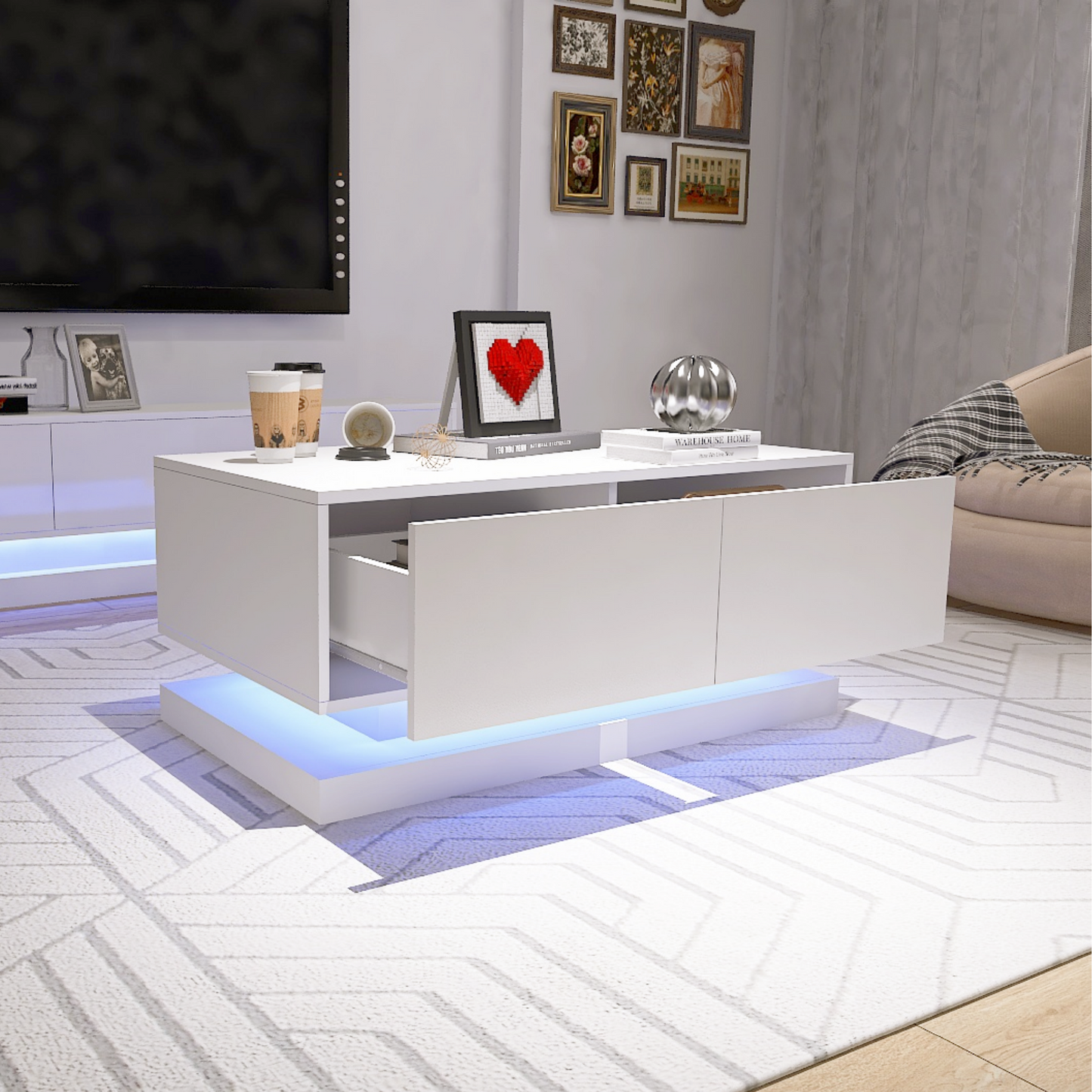 Modern Marvel High Glossy LED Light Table with 2 Drawers