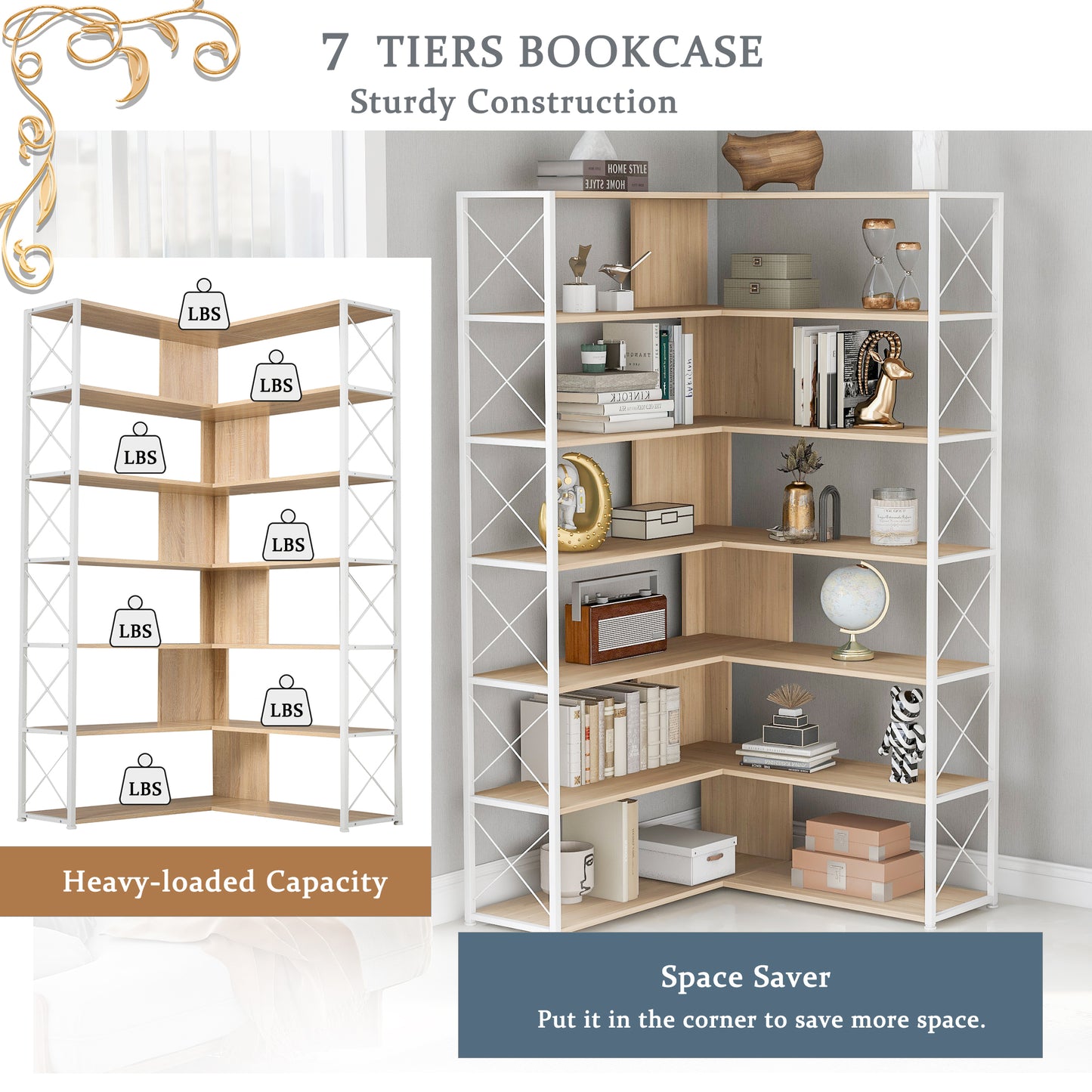 7-Tier L-Shaped Corner Bookcase