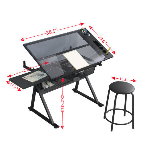 Tempered Glass Drafting Table With Chair