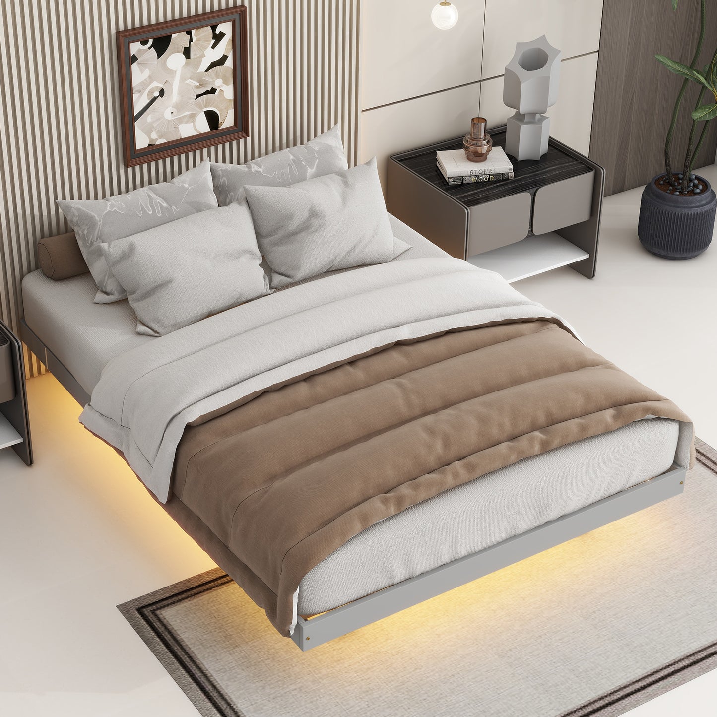 Full-Size Floating Bed with Ambient Lighting