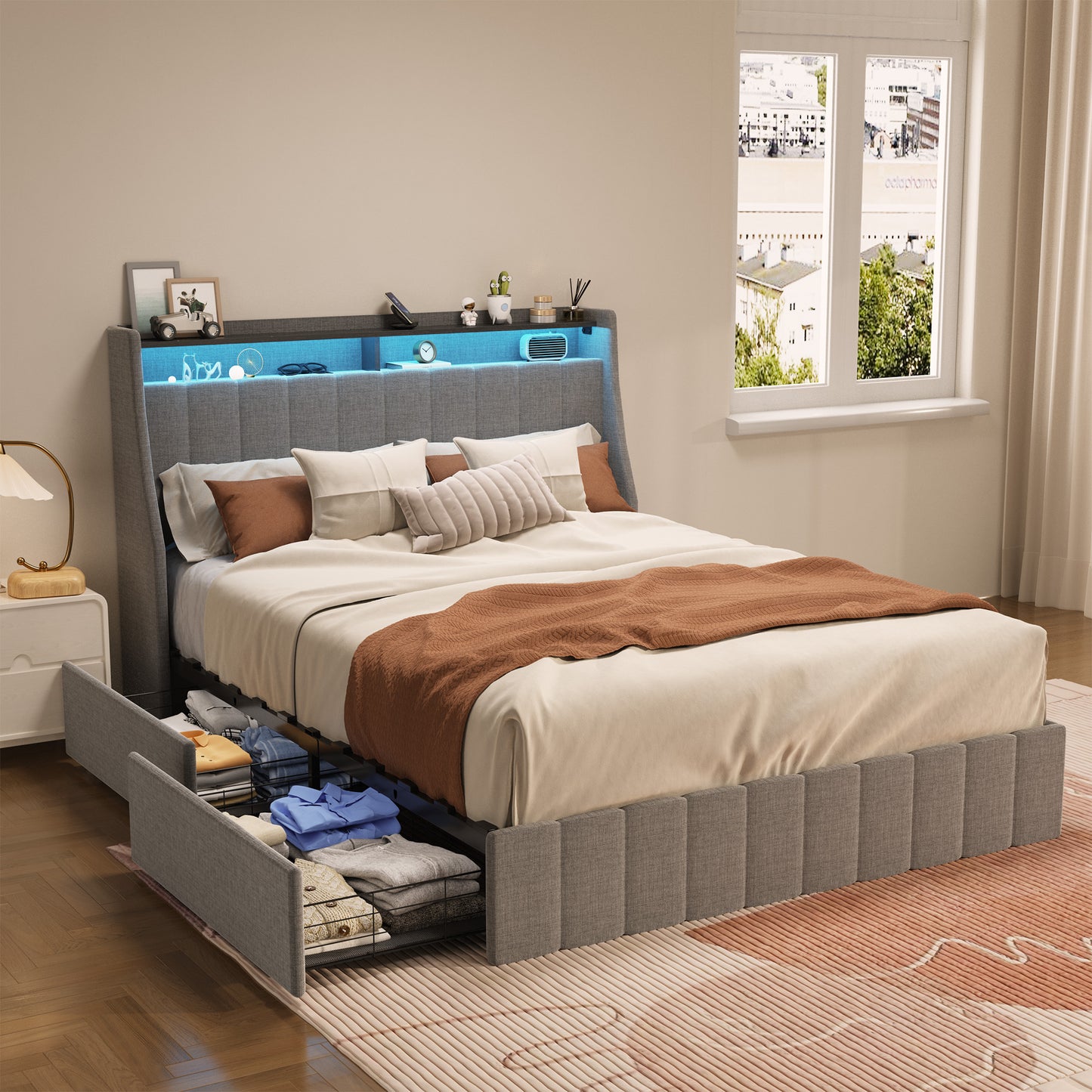 Stylish Queen Bed with LED Lights