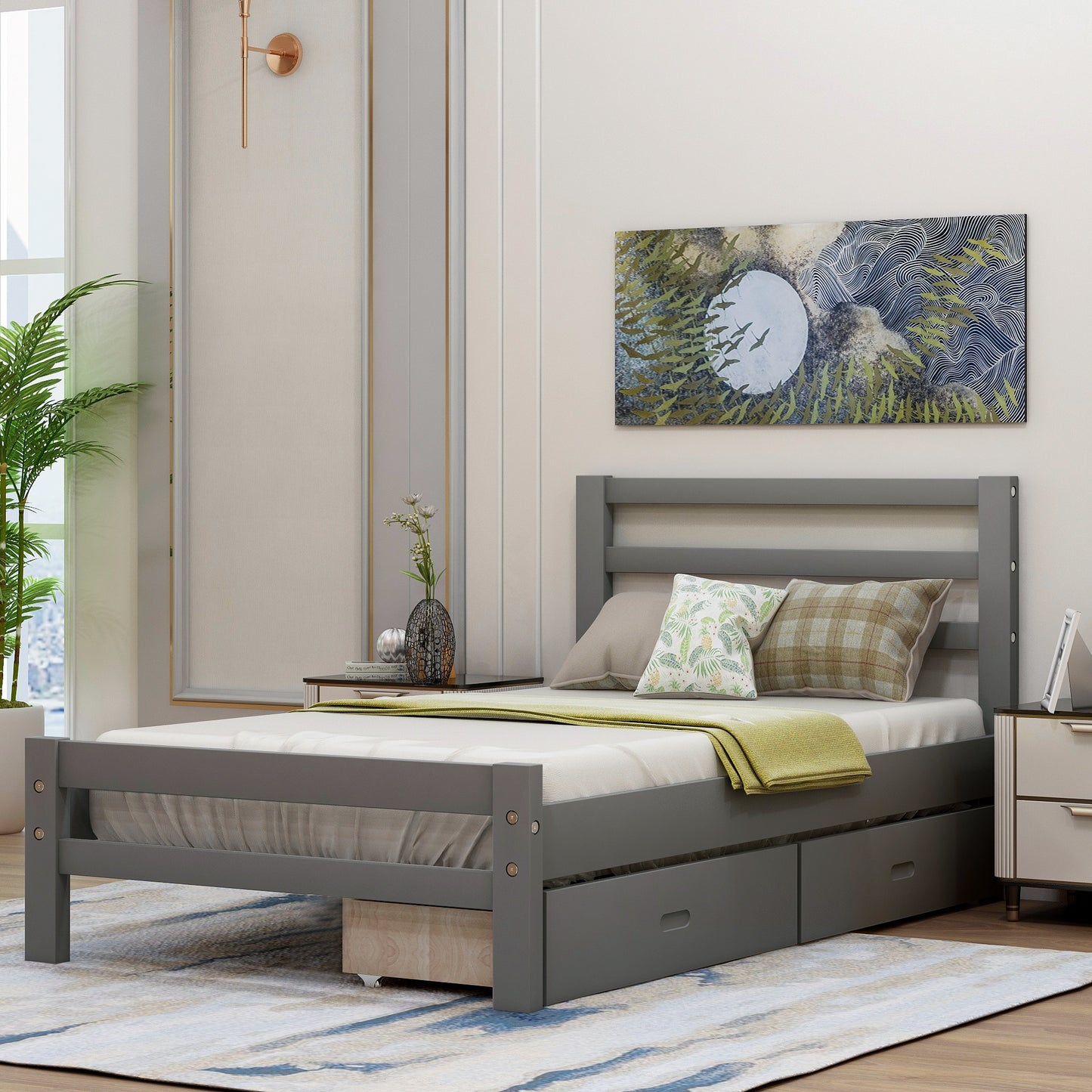 Wood Platform Twin Bed With Two Drawers