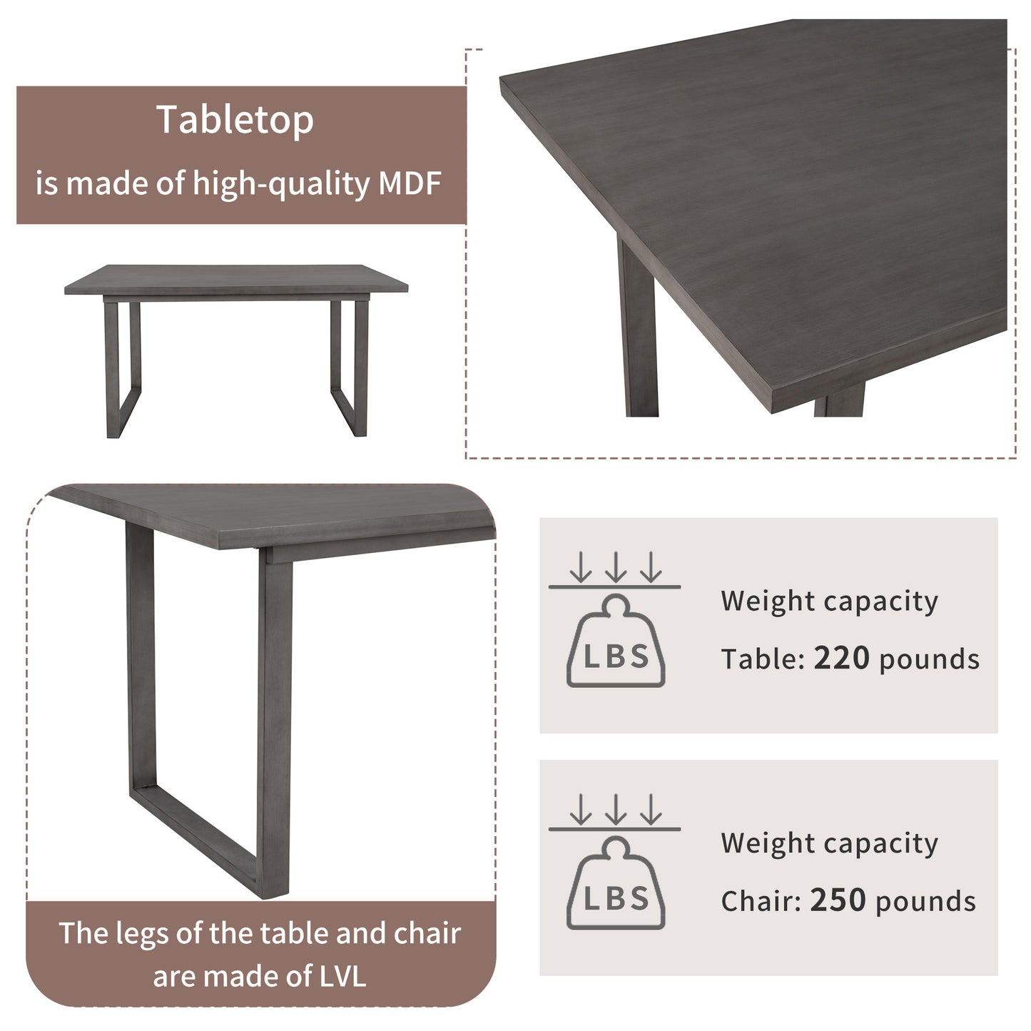 Modern Gray Solid Wood 6-Piece Dining Set