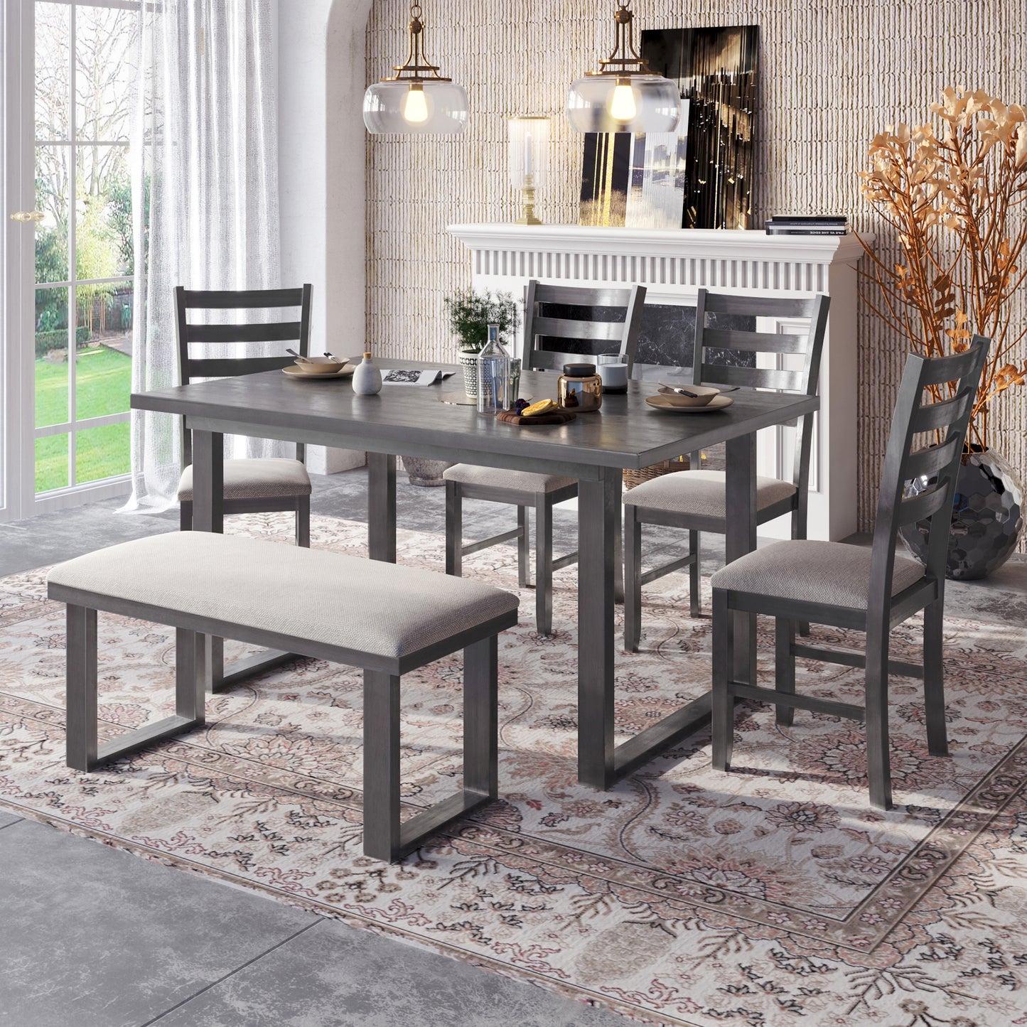 Modern Gray Solid Wood 6-Piece Dining Set