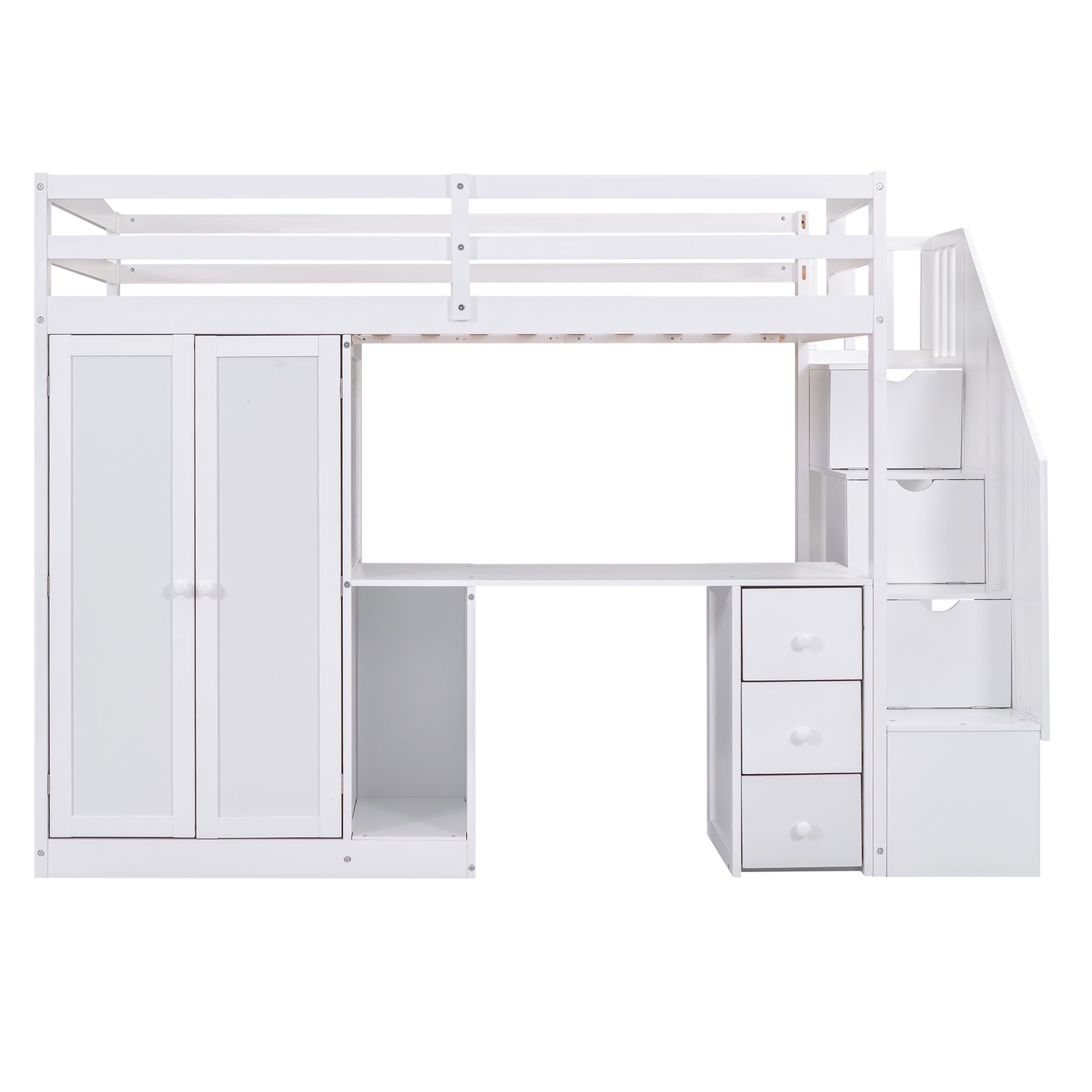 Twin loft bed with staircase and integrated wardrobe closet — sophisticated solution for maximizing bedroom functionality