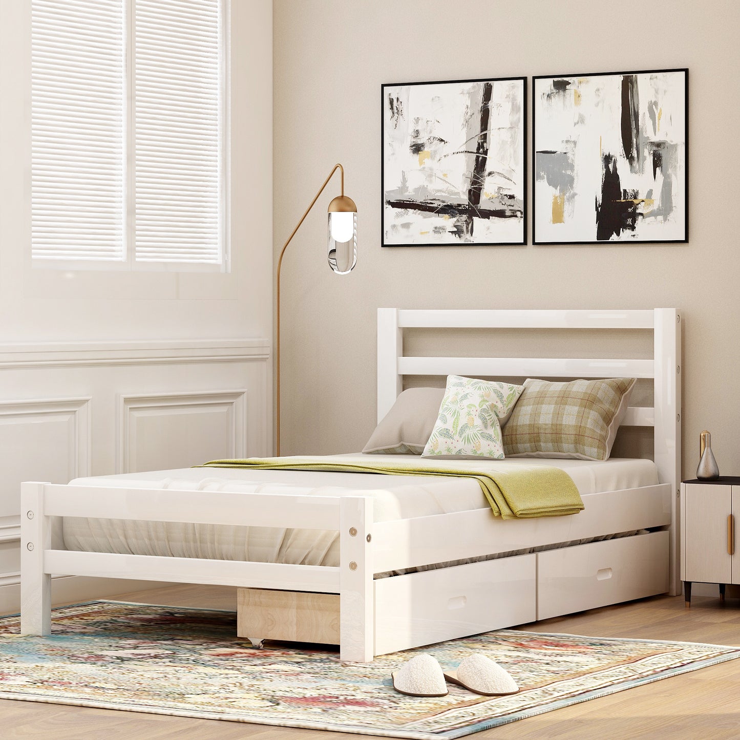 Wood Platform Twin Bed With 2-Drawers