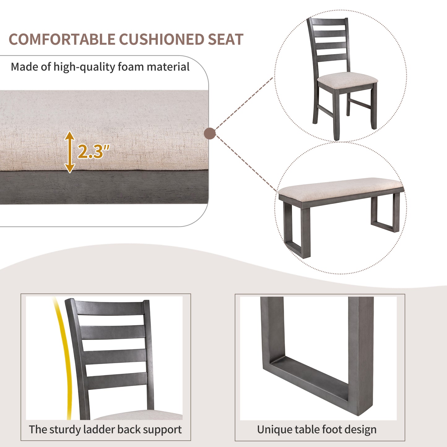Modern Gray Solid Wood 6-Piece Dining Set