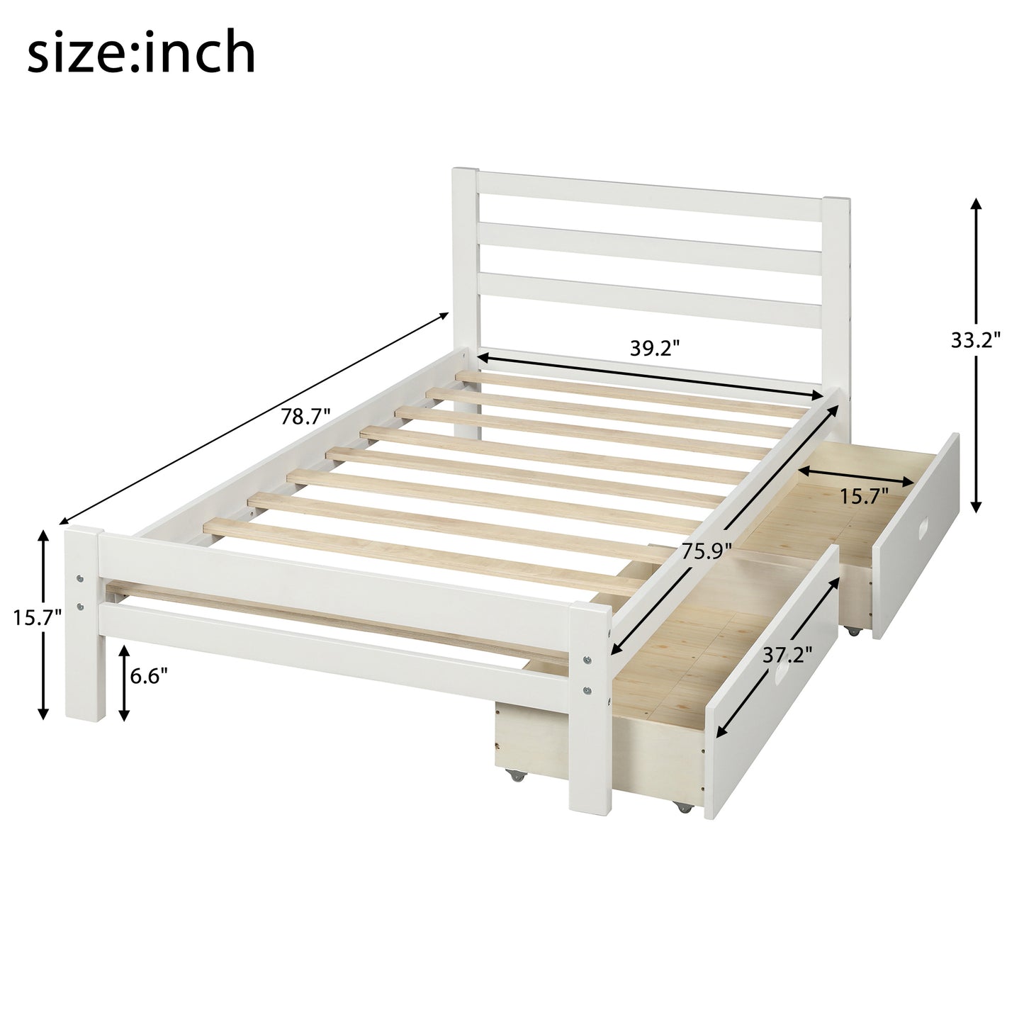 Wood Platform Twin Bed With 2-Drawers