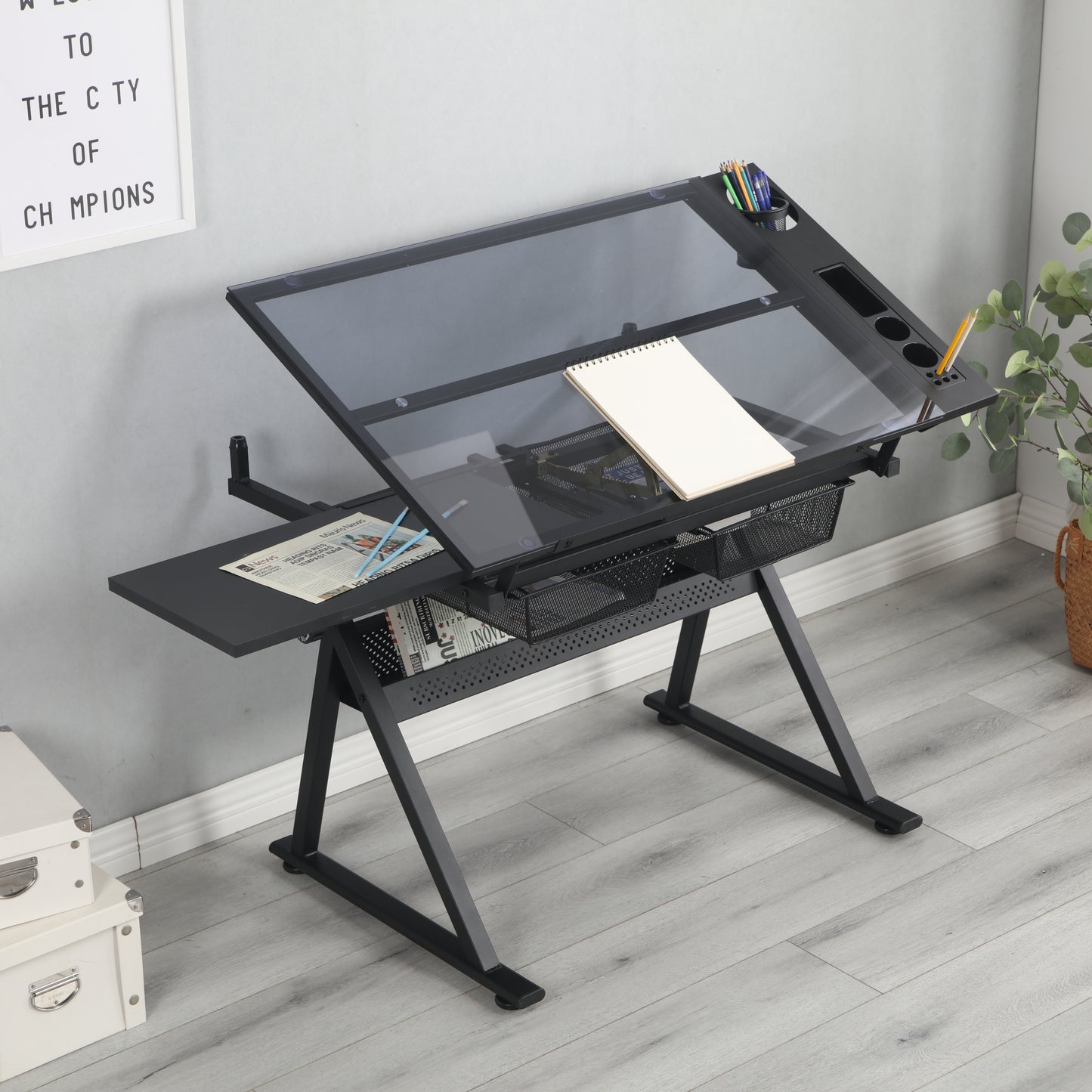 Tempered Glass Drafting Table With Chair