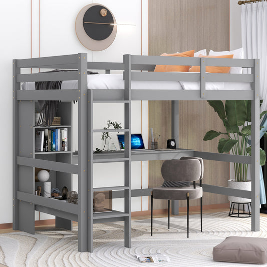 Gray Multifunction Shelves Loft Bed - Gray - MuMu