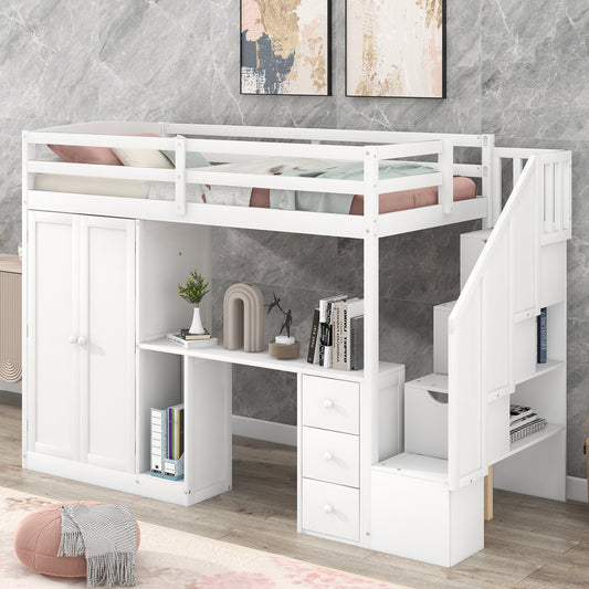 Twin Loft Bed With Wardrobe And Staircase - Bed - MuMu