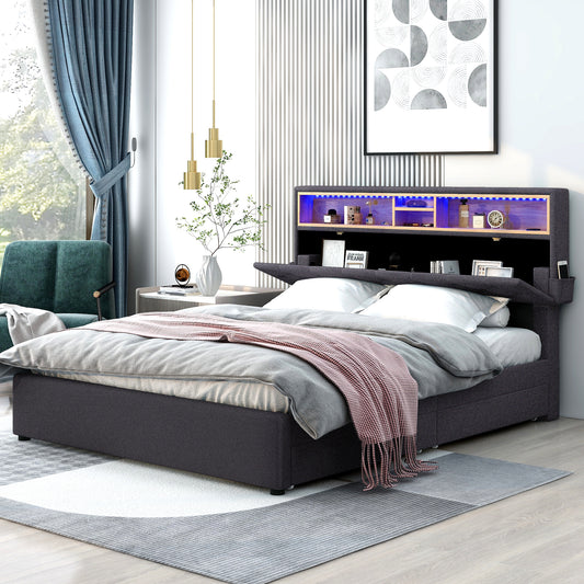 Dark Gray Queen Upholstered Platform Bed - Dark Gray - MuMu