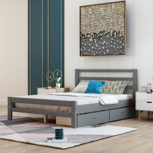Two Drawers Wood Platform Bed - Wood - MuMu