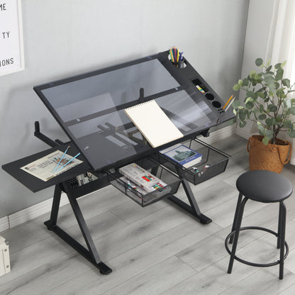 Tempered Glass Drafting Table With Chair